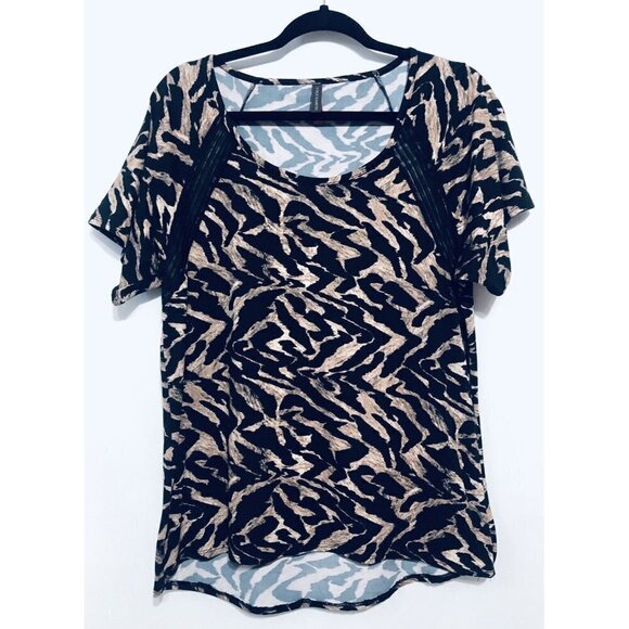 Vince Camuto Womens Large Black Brown Print Mesh Panel Short Sleeve Blouse Boho - Picture 1 of 7
